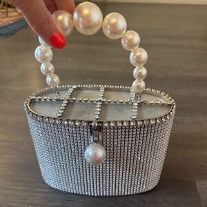 Pearl Handle Crystal Evening Clutch - Silver